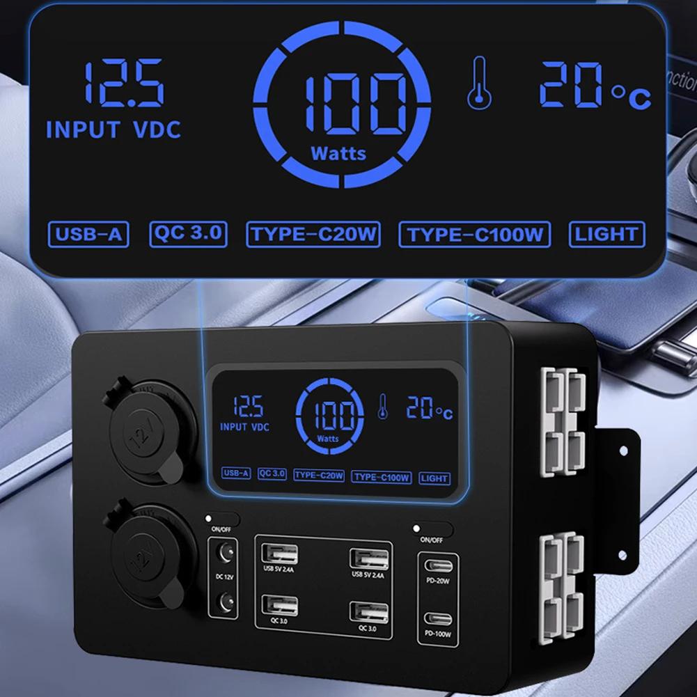 12V 100W Mini Power Box with LED Lights LCD Display Power Box USB-C & QC3.0 Ports Portable Control Hub for RVs SUVs Boats