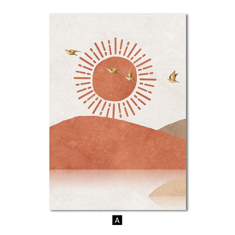 Nordic Landscape Poster Wall Art Canvas Print Picture Mountain Deer Moon Sunrise Modern Abstract Painting for Living Room Decor