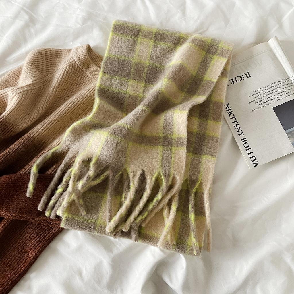 Mohair Scarf Girls Thickened Warm Scarf Fringed Winter Wool Shawl New Plaid