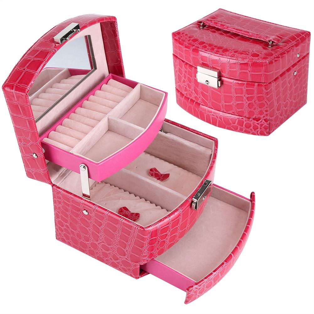 Portable Jewelry Box Storage Multi Layer Organizer Case Ring Earring Necklace Mirror (Rose Red)