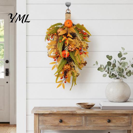 Fall Front Door Decor Artificial Teardrop Swag, Faux Pumpkins Berries Pinecones Leaves Decorative Autumn Water Drop Swag Harvest Wreath for