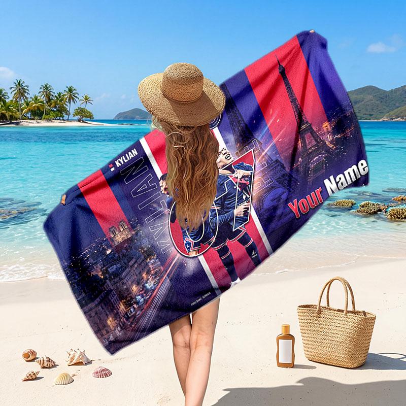 Kylian Mbappe Custom Beach Towel, Personalized Name Text Print, Football Logo Soft Quick‑Dry Towel Holiday Gift