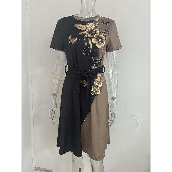 Temperament Commuting Belt Short Sleeved Round Neck Printed Women's Dresses