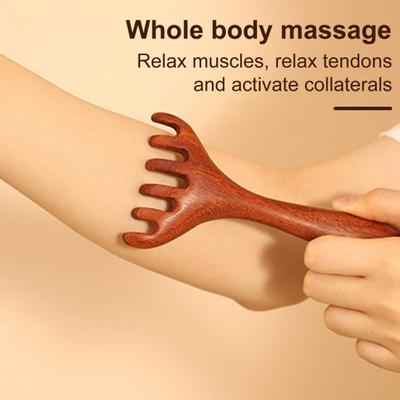 Sandelholz-Kopfmassagekamm, Gua Sha-Werkzeug, Rückenkratzer, Handgeführter breitzinkiger Kamm für lockiges Haar, Kopfhautmassagegerät zur Stresslinderung