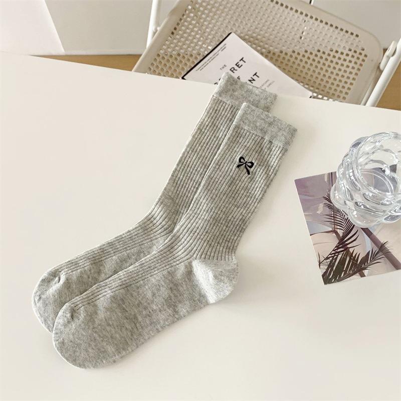 Bow Ultra-Thin Medium Tube Socks Solid Color Cotton Breathable Mesh Socks Ballet Style Stacking Socks