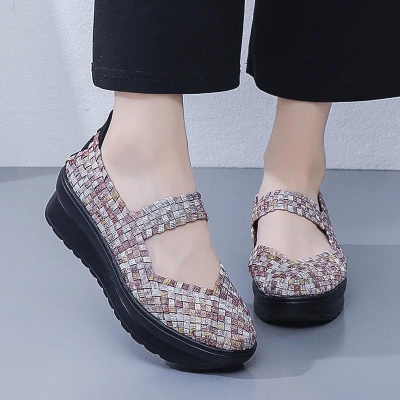 Fashion Summer new handmade woven shoes mesh shoes breathable sloping heels increased height thick sole casual women's shoes