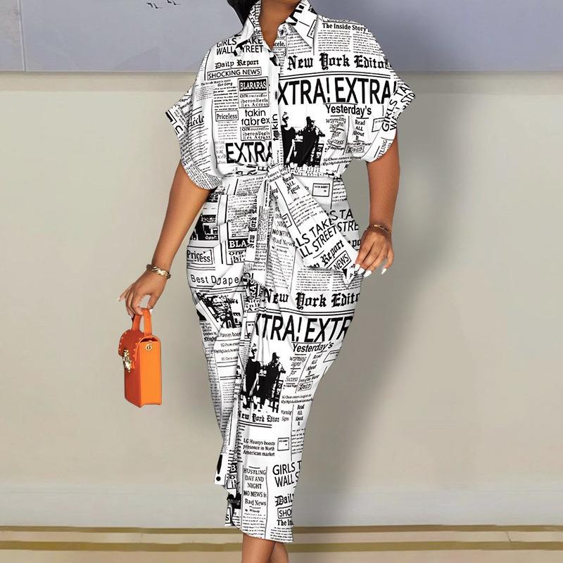 BITCED Women's Autumn Long Sleeve V-Neck Button Printed Shirt Dress Long Dress
