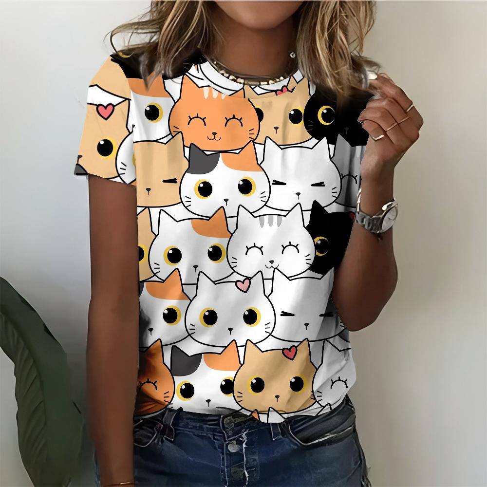 

Cute and playful cartoon cat pattern women s fun T-shirt fashionable and comfortable white short sleeved 5XL