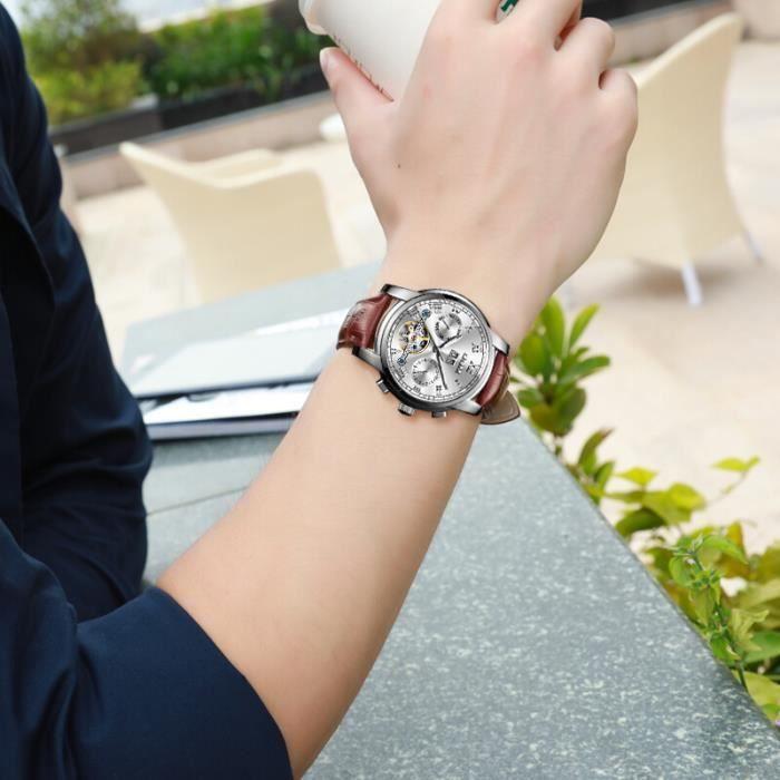 Montre homme mécanique automatique tourbillon calendrier étanche lumineux cuir classique cadeaux de Noël