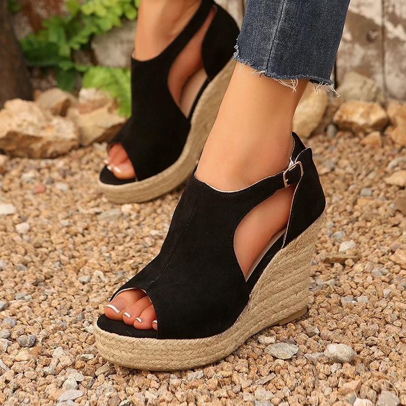 Fashion Vintage Cover Heel High Heel Sandals for Women Fashion Flock Open Toe Sandal Woman Plus Size Anckle Strap Wedge Sandalias Mujer