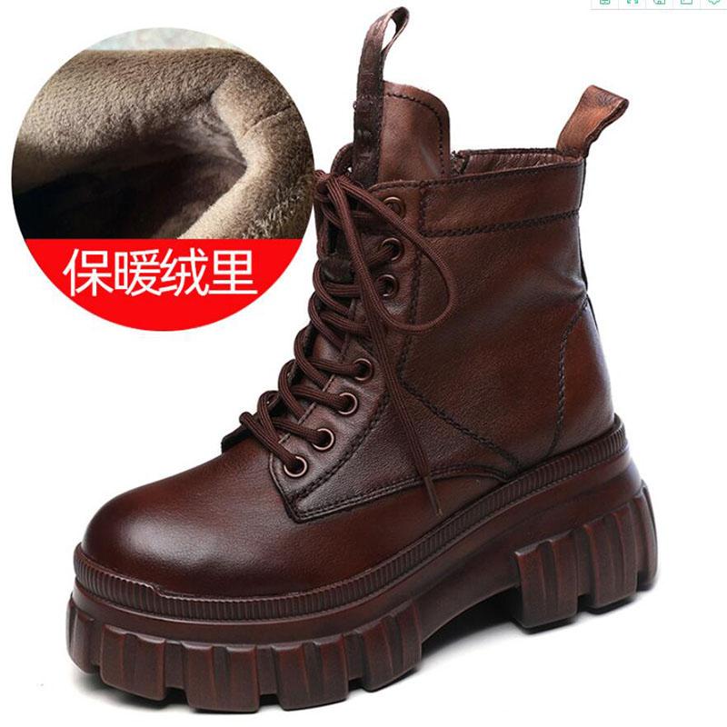 Fashion GKTINOO Women's Genuine Leather Ankle Boots Women Autumn Winter Lace Up Women Punk Boots Flat Ladies Shoes Woman Botas Mujer
