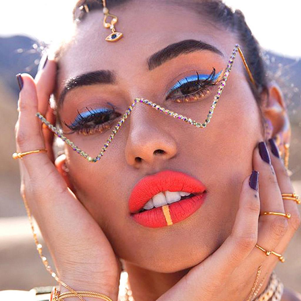 Stylish Sunglasses for Girls Boys Photo Props Travel Hip Hop Half Frame No Lens Rhinestones Glasses W Shape Eyewear