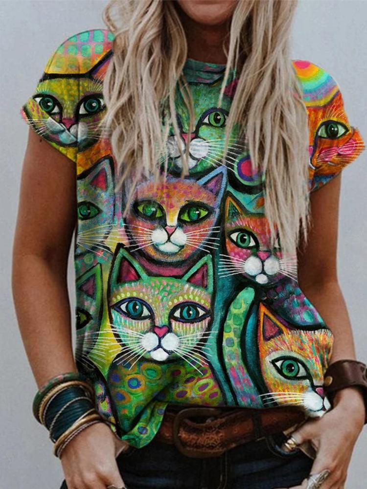 2024 Nová Móda Dámské Street Hipster 3D Abstraktní Kreslená Kočka Trička Ležérní Krátký Rukáv O-Výstřih Volné Topy Léto Nadměrná Velikost 6XL