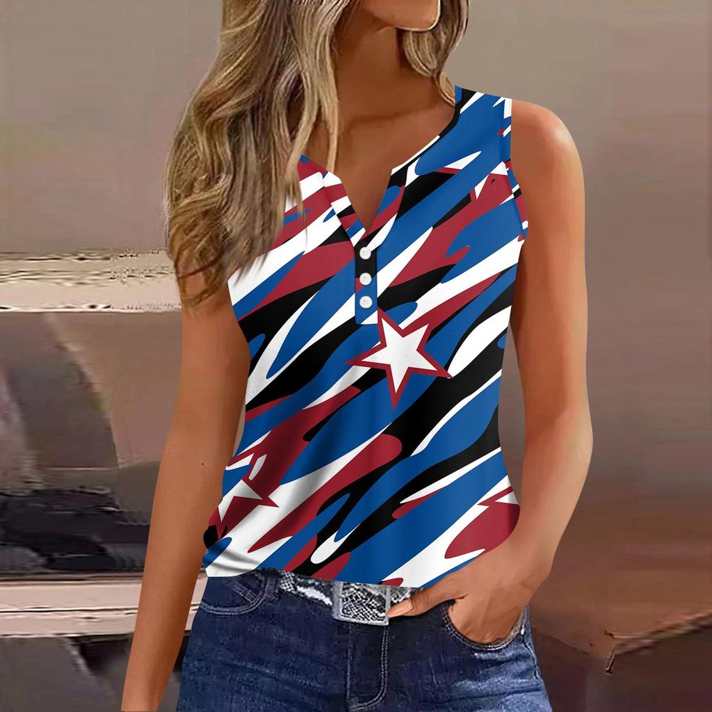 Women's Fashion Casual Sleeveless V-Neck Decorative Button Tee Independence Day Printed Top