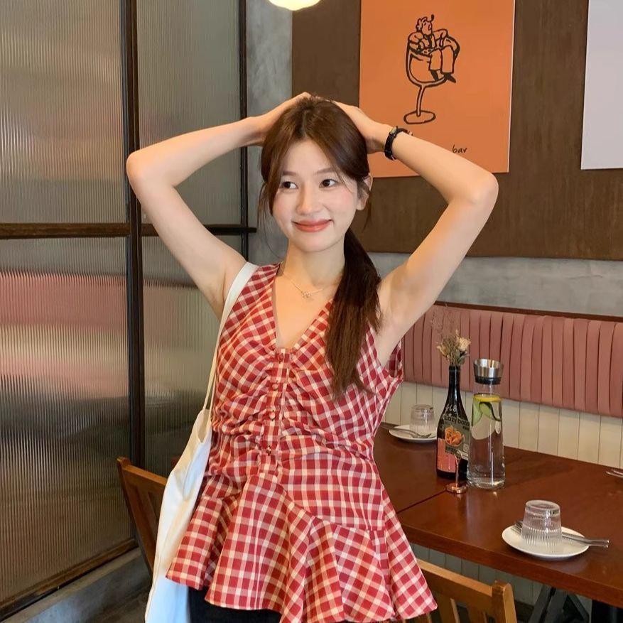 Women s Retro Hong Kong Red Plaid V-Neck Spaghetti Strap Slimming Tank Top S (80-95 jin)