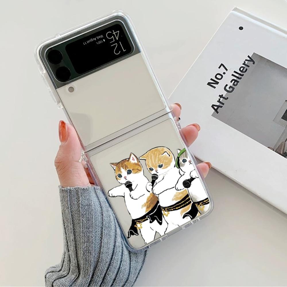 Cute Cartoon Cat Couple Phone Case For Samsung Galaxy Z Flip 6 ZFlip 5 Hard Transparent Cover for Samsung ZFlip 4 ZFlip3 ZFlip7