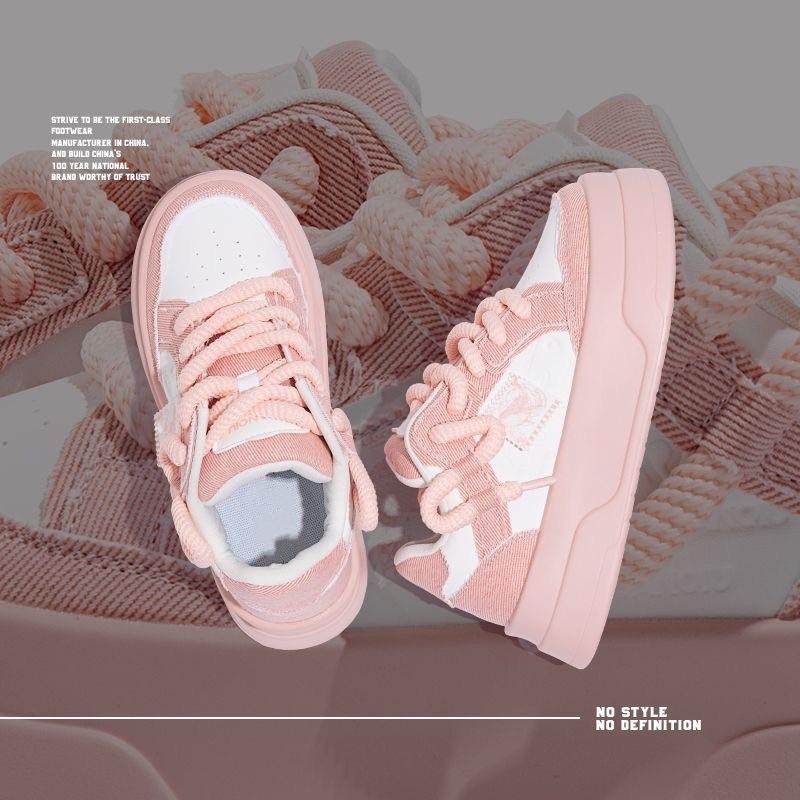 Fashion Women Pink Platform Skateboard Shoes Fashion Lace-up Comfortable Vulcanized Shoes Women Casual Sneakers Pu Leather Jogging Shoes