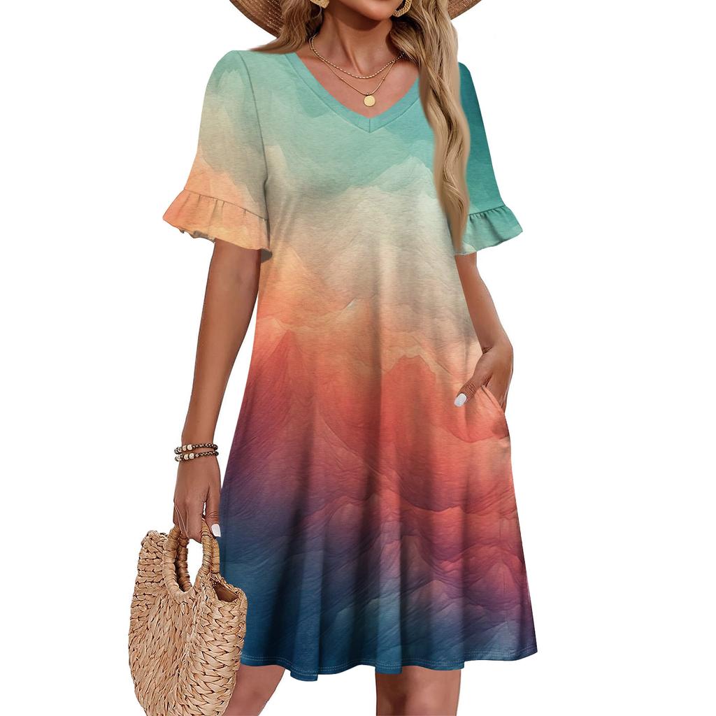 Women A Line Sun Dress Short Sleeve V Neck Printed Dress With Pockets