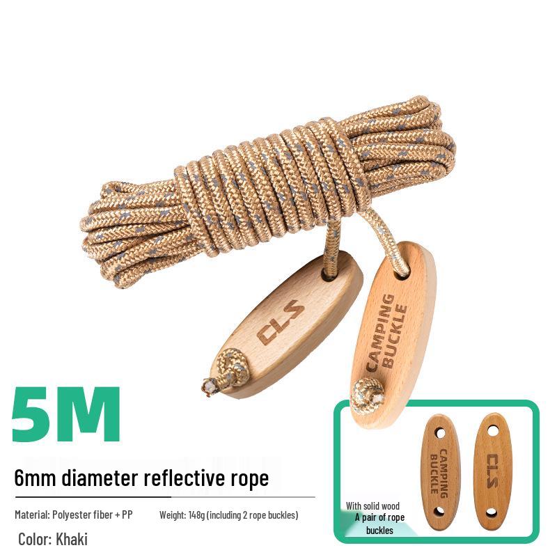 CLS 6MM Reflective Tent Rope with Wooden Buckle - Windproof, Thick, and Durable Camping Support Rope 6mm x 5m