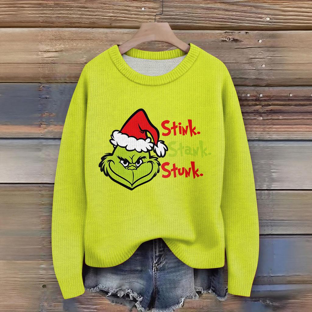 Women's Christmas Print Cardigan Long Sleeve Round Neck Knit Top