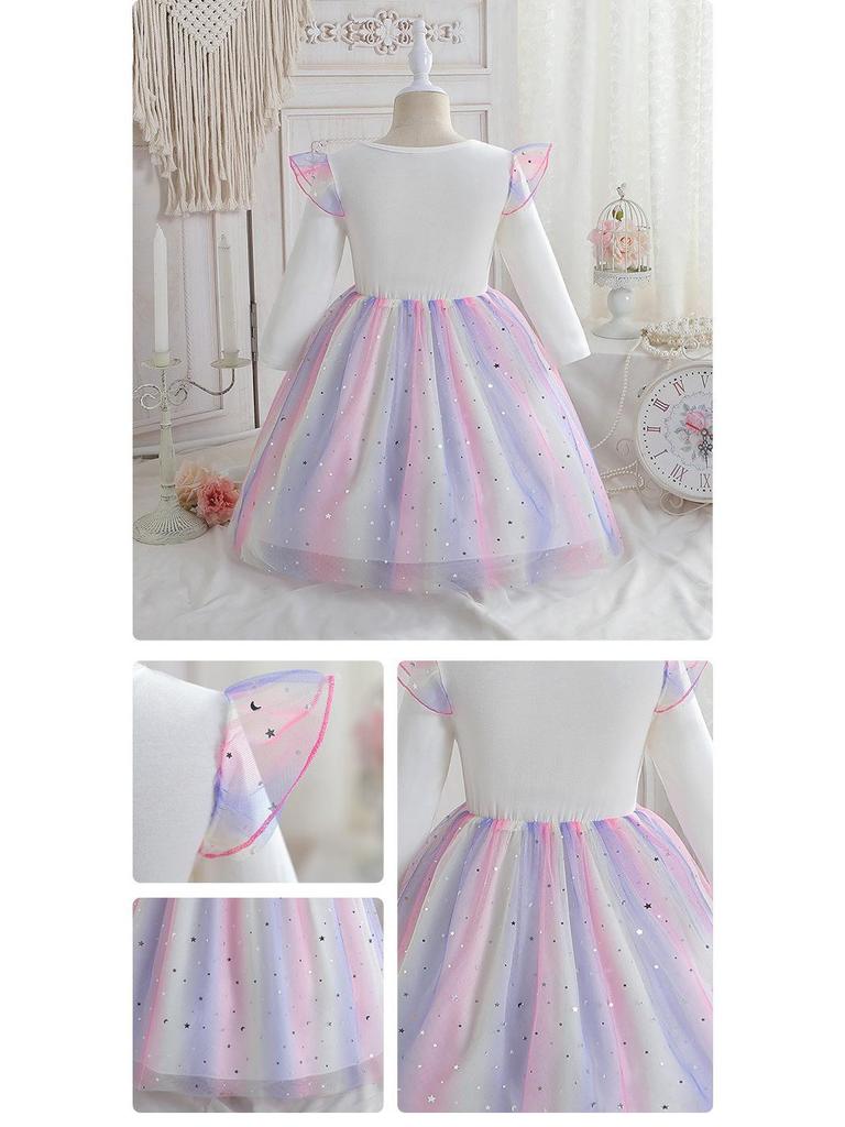 Mädchen Einhorn Regenbogen Prinzessinnenkleid: Langärmeliges Pailletten-Mesh-Kleid für Frühlings- und Herbstgeburtstage