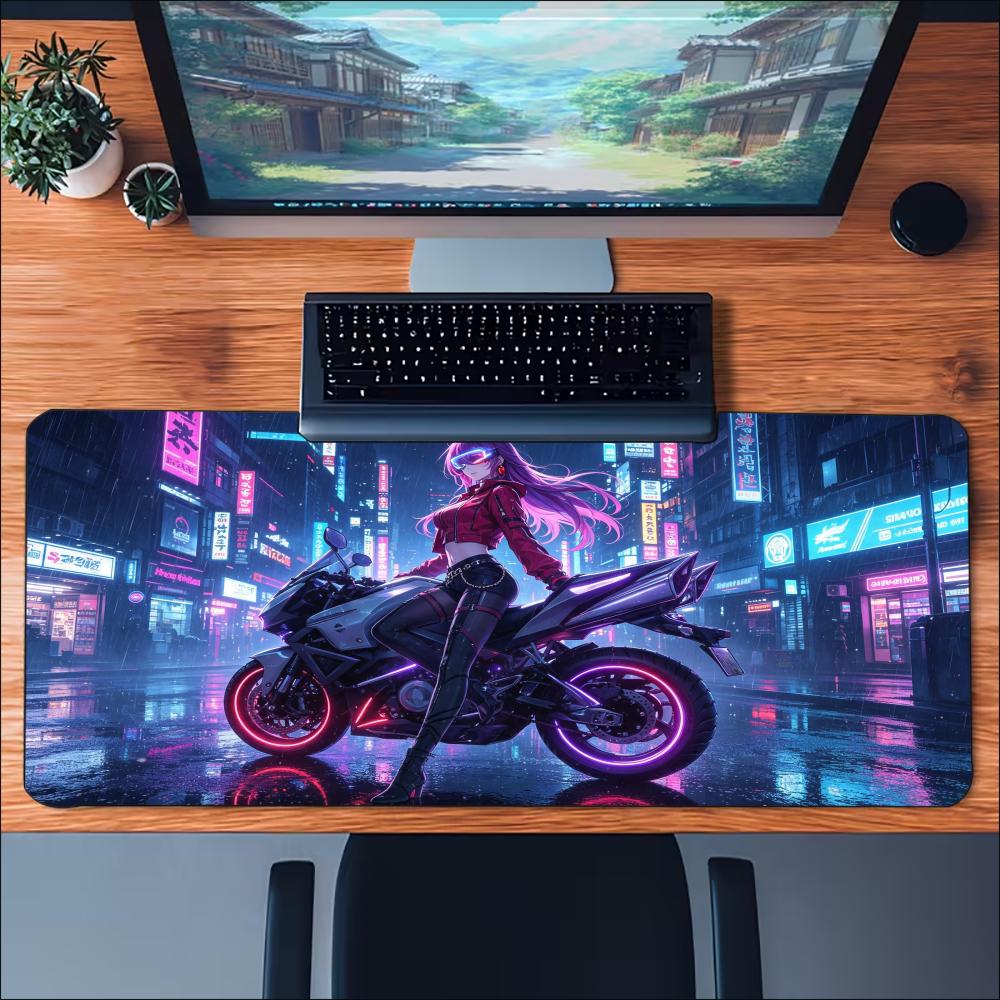 Cyberpunk Biker Anime Girl Large Extended Mouse Pad NonSlip Rubber Desk Mat With Stitched Edges For Gaming Laptop Desktop