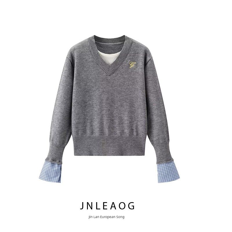 Jnleaog Autumn New Women Clothes Western Style French Style Design Fake Two Pieces Idle Style Sweater Knit Top