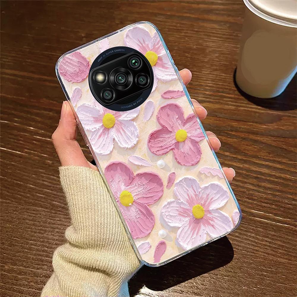 Rose Flower Daisy Oil Painting Phone Case For Xiaomi Poco X3 NFC X3Pro Cover Protection Clear Couple Transparent PocoX3 6.67"