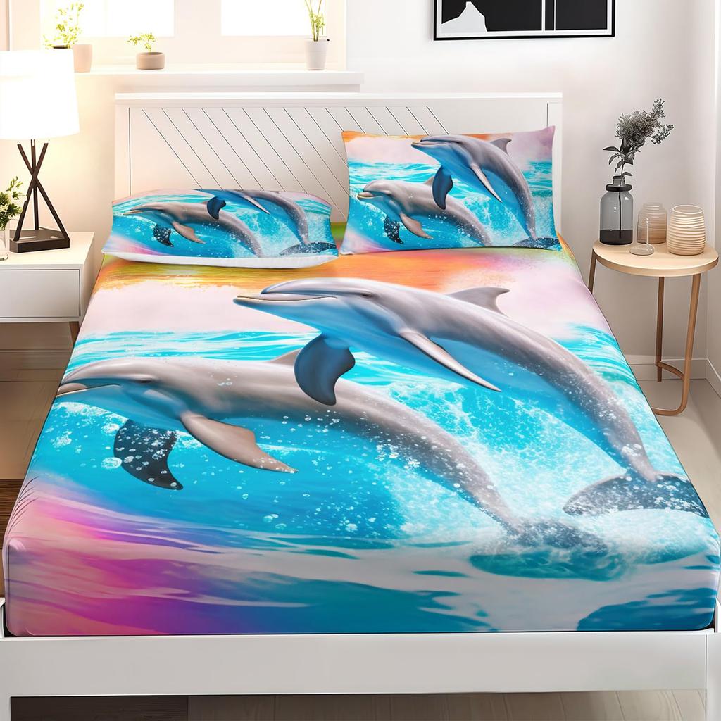 Undersea Creature Dolphin Pattern Mattress Three-Piece Digital Printing Bedding Set Adult Children