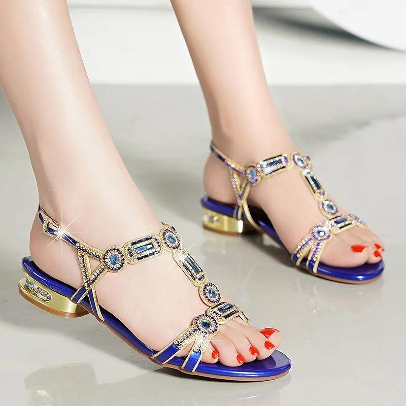 Fashion Women Comfortable Non-slip Flat Platform Shoes Rhinestone Sandals T-strap Square Low-heeled Leisure Sandals Party Shoes