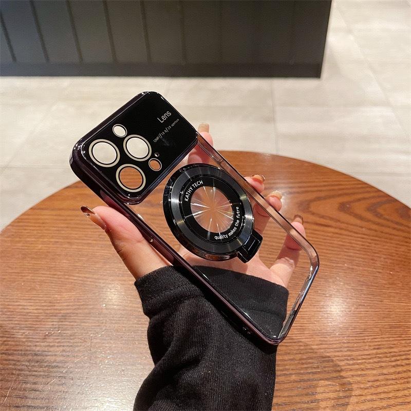 Applicable To Apple 14 Electroplated Large Window Magnetic Suction Bracket Mobile Phone Case IPhone 15 Pro Leak-proof Cover