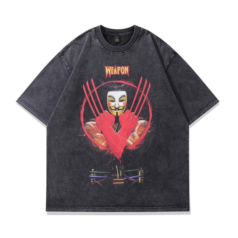 Trendy Brand Men'S Personalized Printing T-Shirt American Retro Oversize Small Neckline Washed And Old Short-Sleeved T-Shirt