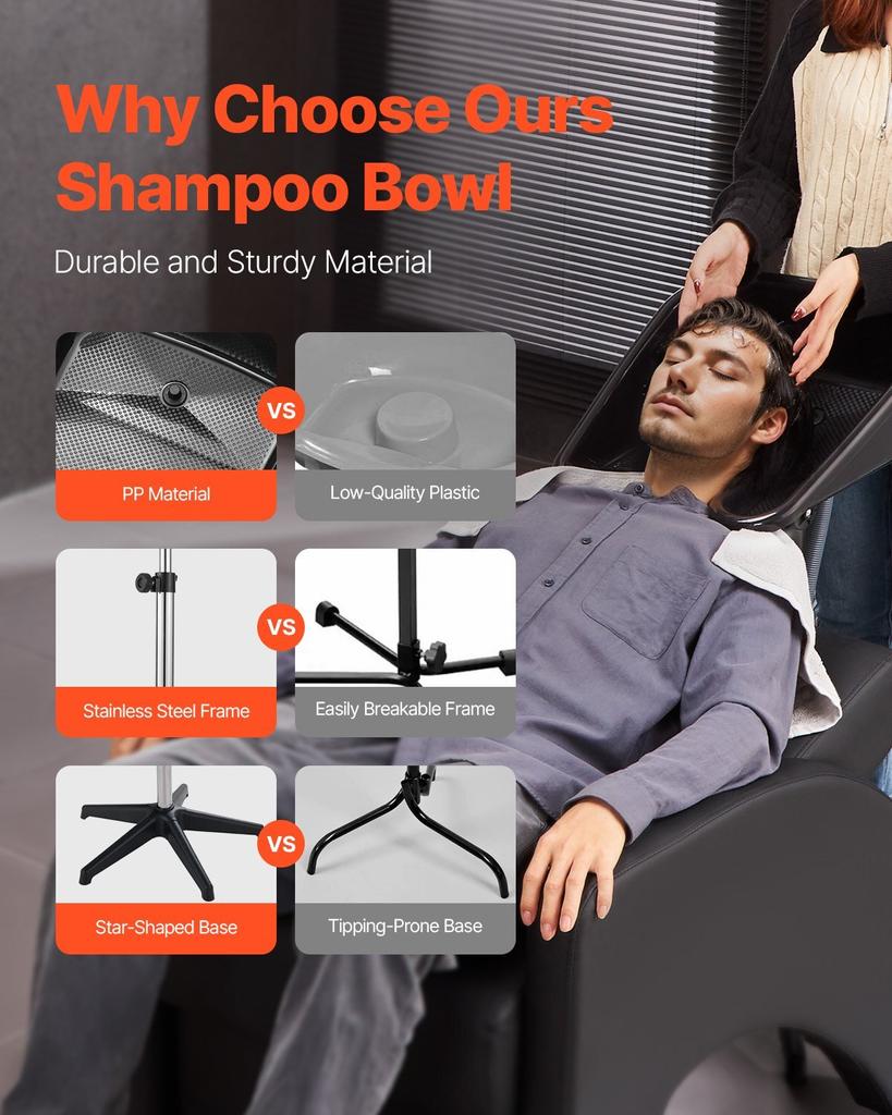 Portable Shampoo Bowl, Shampoo Sink with Adjustable Height & Angle, Salon Hair Wash Sink with Drain Hose and Star-Shaped Support Base for Barbershop