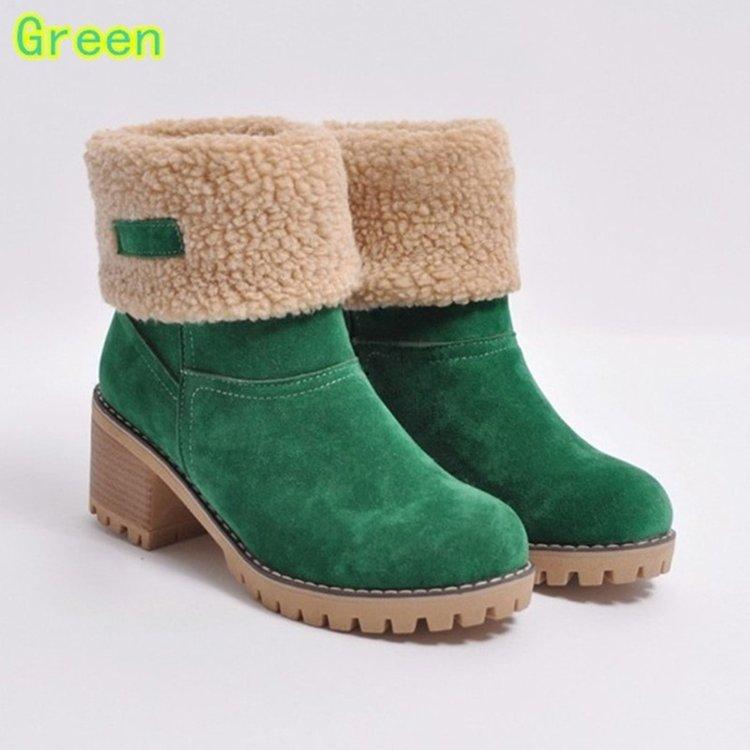 Summer women's boots winter tube women's solid color green thick heel round head snow boots flanged stiletto