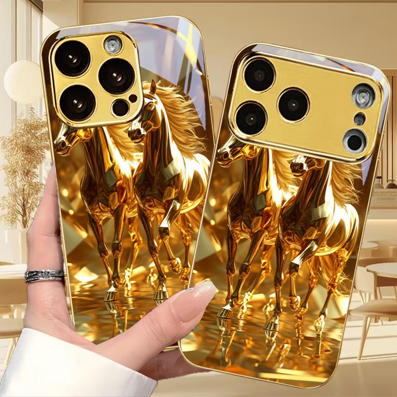 Gilded Running Horses Electroplated Golden Phone Case For iPhone 14 17 16 15 13 12 11 Pro Max Plus 16E 17Air XR 7 8 XS X Cover