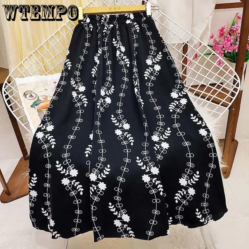 Wysoka talia i cienkie kwiaty Spódnica damska Elastyczny pas Średniej długości Spódnica trapezowa Codzienny Casual Wiosna i lato