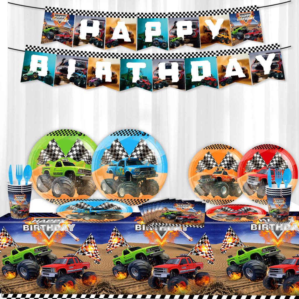 Monster Truck Theme Party Supplies Suv Party Decoration Banner Tableware Tablecloth Tissue Arrangement