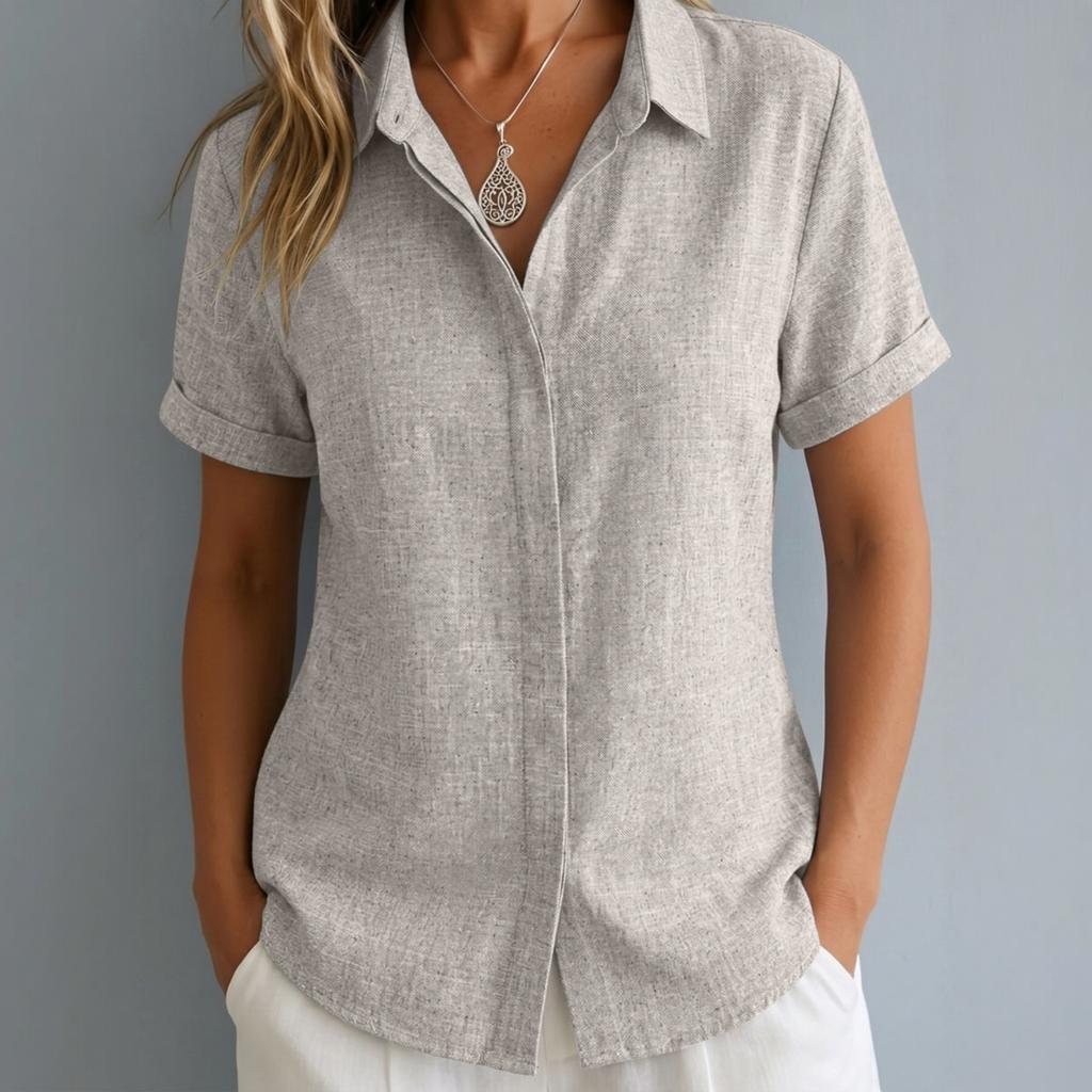 Women Short Sleeve Button Down Shirt Collared Casual Loose Fit Imitation Linen Blouse Lightweight Summer Top for Daily Wear