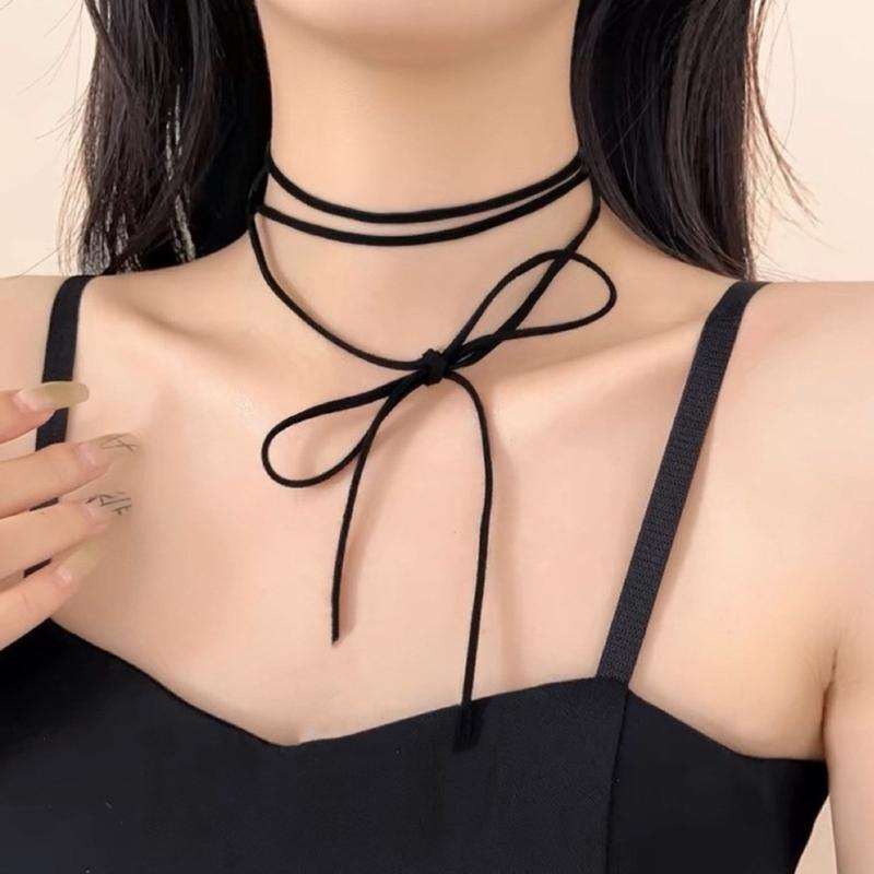 Elegant Long Tie Choker Necklace Stylish Neck Chain with Bowknot Pendant Accessory for Fashionable Women Ladies
