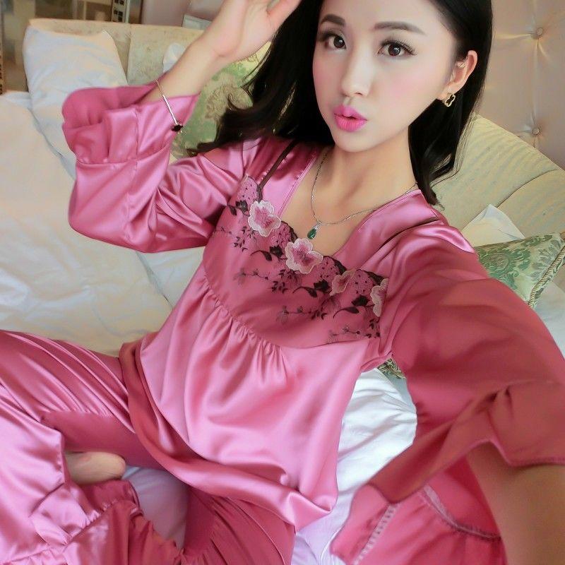 Pajama Women's Summer Ice Silk Long Sleeved Pants Two-piece Set Loose Oversized Lace Sexy Home Clothing Autumn
