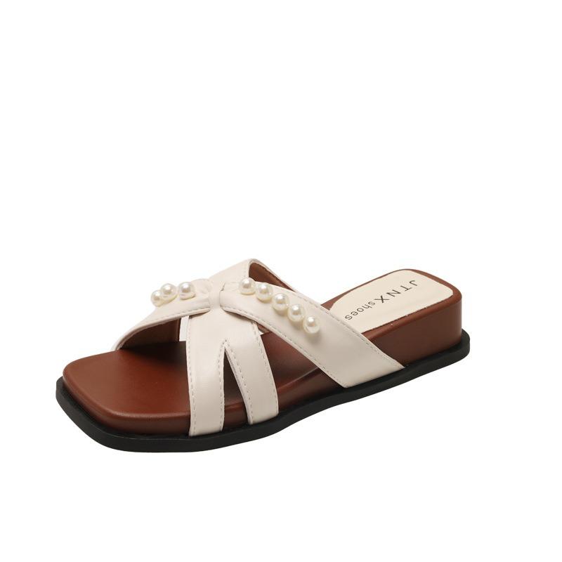 Wedge heel beaded cool slippers women's summer wear new with skirt flat bottom comfortable leisure holiday cool slippers