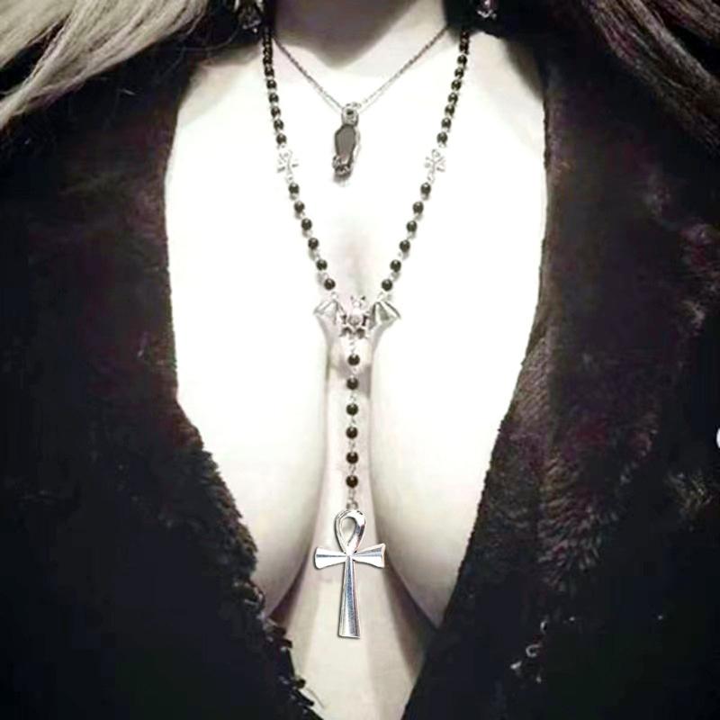 Ankh Kreuz Fledermaus Anhänger Halskette Goth Lange Rosenkranz Perlen Halskette Halloween Schmuck Y2k Punk Pullover Kette Halskette