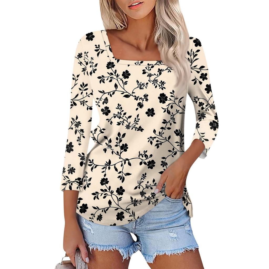 Shirt For Women's Fashion Casual Square Neck 3/4 Sleeve Loose Printed T-Shirt Ladies Top