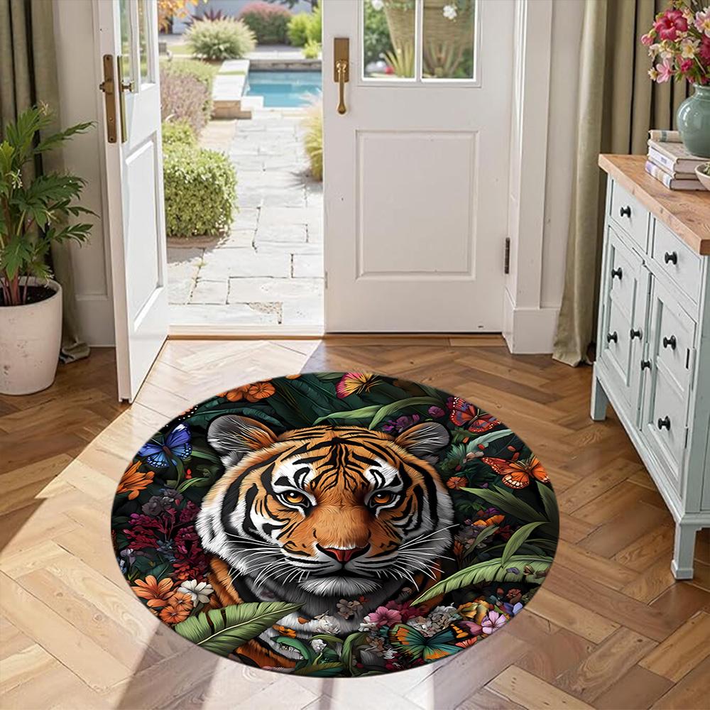 Tiger Round Office Rug Design for Dining Room Playrooms Kitchen Entryway Anti-slip Round Rug Decorate Offices Birthday Christmas Gift