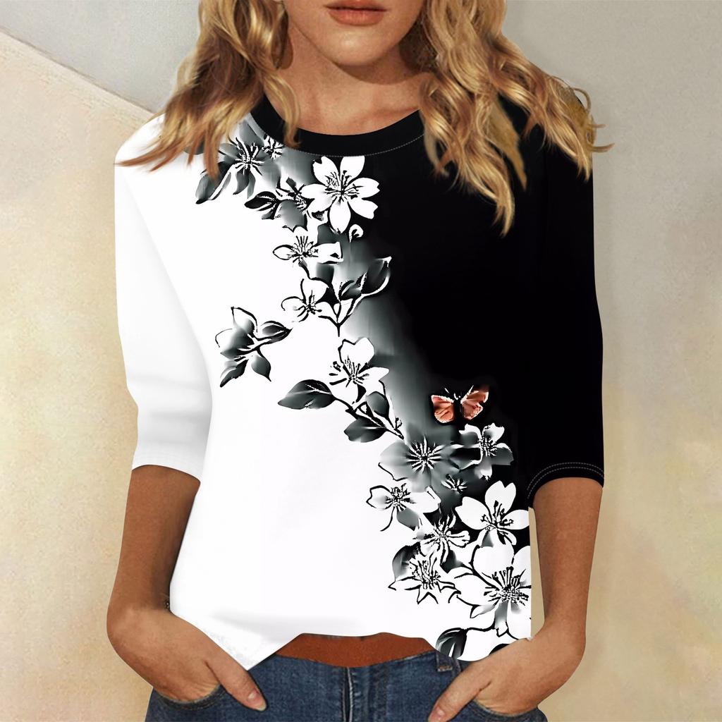 Modisches, lässiges Pullover-Oberteil mit Dreiviertelärmeln und bedrucktem Kragen für Damen