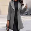 Women Fashion Long Sleeve Woolen Lapel Solid Color Long Jacket Coat