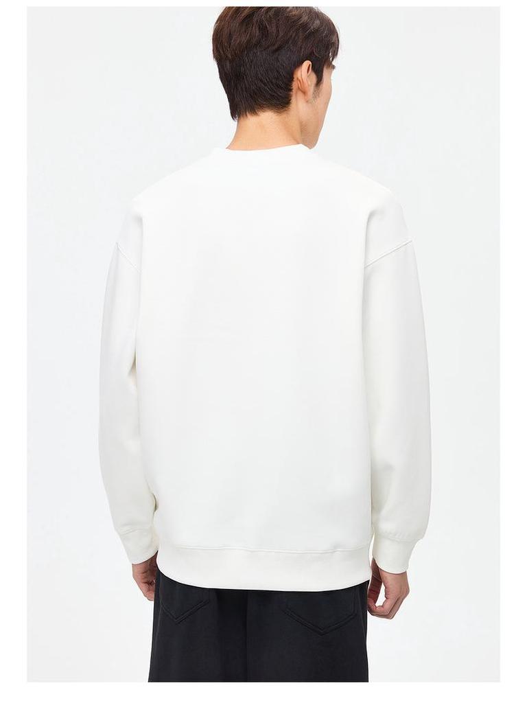 Men's White Embroidered Round Neck Hoodie - Spring/Autumn 2025, Slightly Loose Fit, Long Sleeve