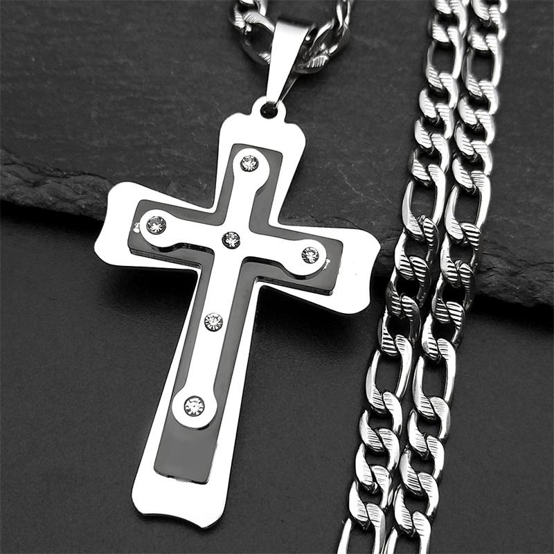 Stainless Steel Rhinestones Christian Cross Jesus Pendant Necklace for Women Men Silver Color Religion Necklaces Jewelry Gift