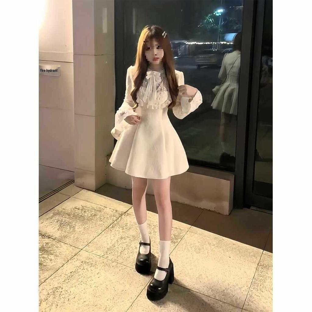 Rich Girl Fragrant Style Bow Princess Dress - Autumn/Winter French Waist-Hugging Design for Women