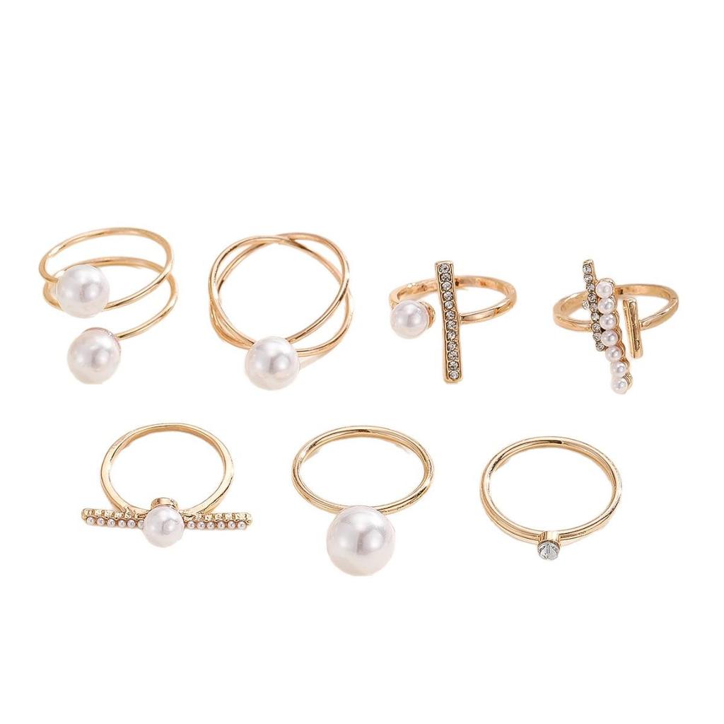 Elegant Pearl Ring Set for Women: Fashionable, Luxurious, Unique Design, 7 Adjustable Rings for Index Finger.